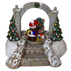 Vintage Kissing Mice Musical Figurine Hand Painted Signed 80s Ceramic Art